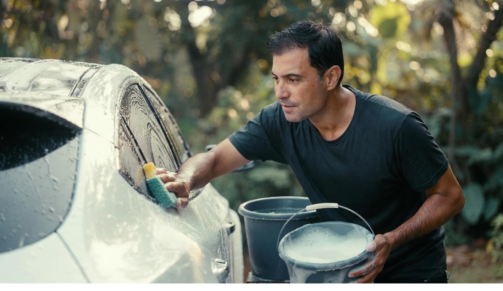 Man wearing a black t-shirt washing a silver colour car using 2 bucket method